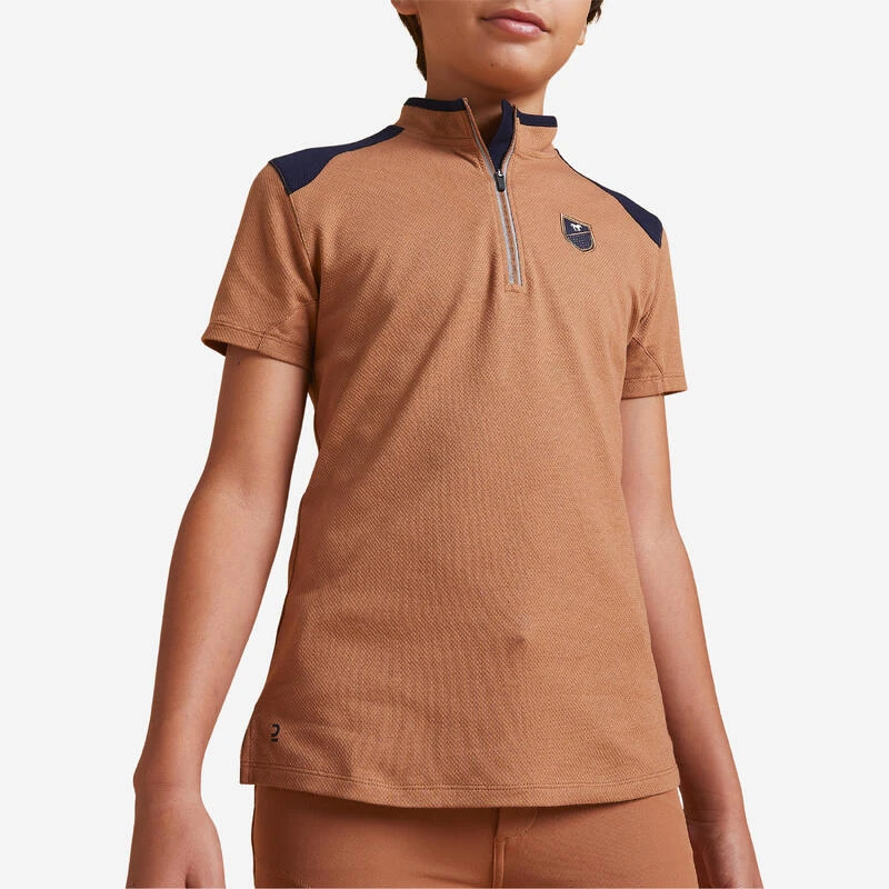 Polo équitation Manches Courtes Zippé Enfant - 500 Caramel