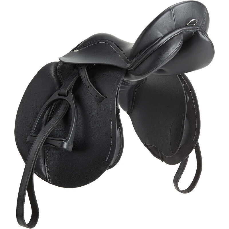 Selle Polyvalente En Cuir équipée équitation Cheval Et Poney SCHOOLING Noir 16"5 – Image 2